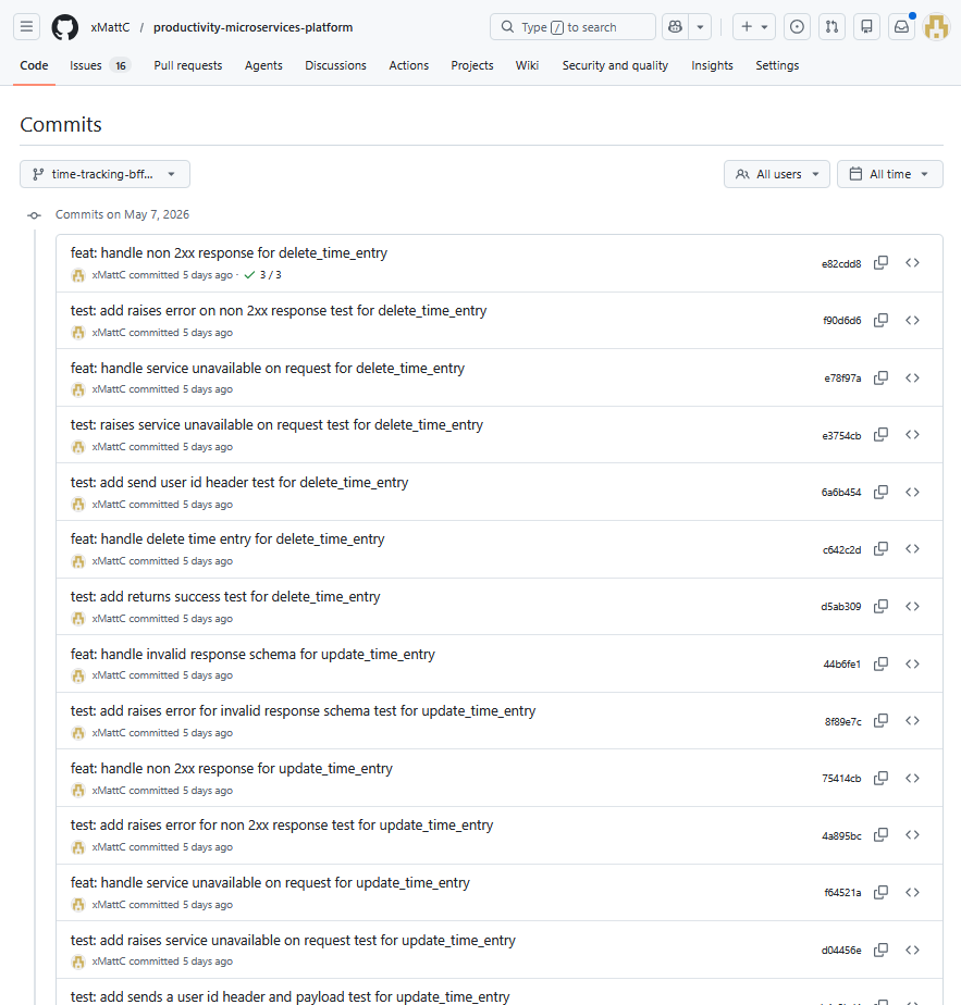 TDD Commit History Screenshot